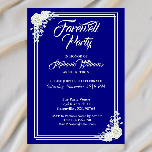 Farewell Elegantes Script Blue White Rose Party Einladung (Von Creator hochgeladen)