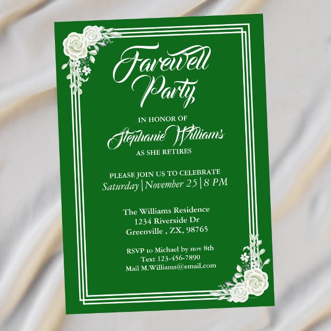 Farewell Elegantes Script Green White Rose Party Einladung (Von Creator hochgeladen)