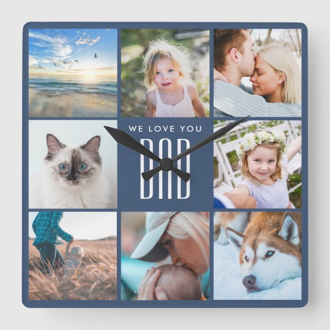 Farher's Day Family Erinnerungen Foto Collage Quadratische Wanduhr (Vorderseite)