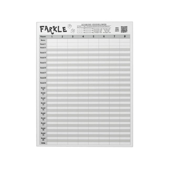 Farkle Big Score Sheets mit Regeln, die leicht zer Notizblock (Rotiert)