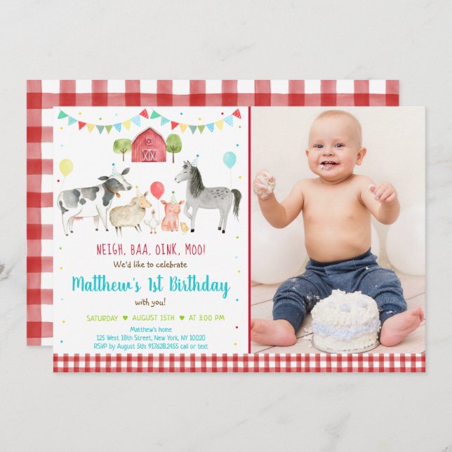 Farm Animal Balloon Geburtstag Einladung (Vorne/Hinten)