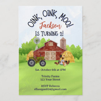 Farm Animal Barnyard Second Birthday Invitation Einladung