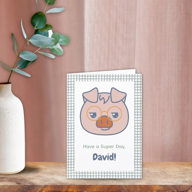 Farm Animal Birthday Piglet Green Gingham Dankeskarte (Farm Animal Birthday Card Piglet Green Gingham Border)