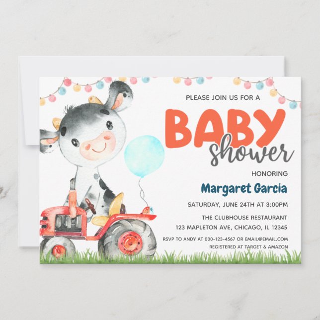 Farm Animal Boy Cow Baby Shower Einladung (Vorderseite)