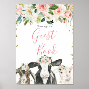 Farm Animal Floral Girl Baby Shooting Guest Book Poster