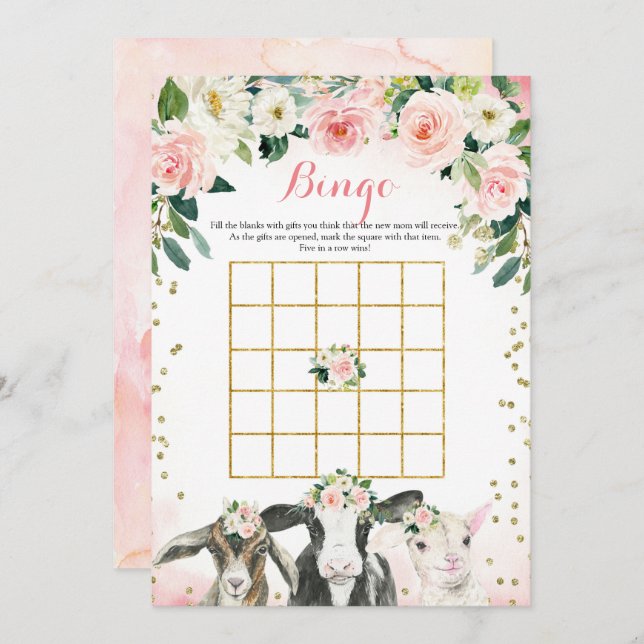 Farm Animal Floral Girl Bingo Game Card Einladung (Vorne/Hinten)