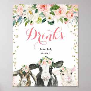 Farm Animal Floral Girl trinken Zeichen Poster