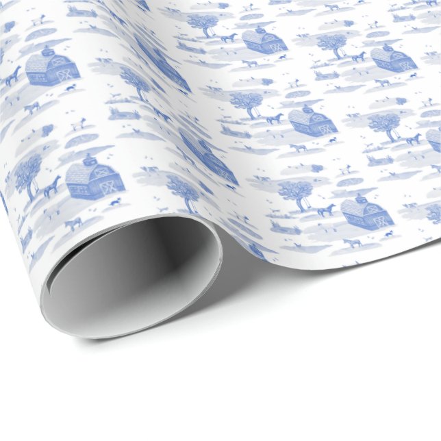 Farm Animal Toile (Blue)  Geschenkpapier (Rolleneckpunkt)