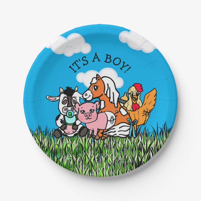 Farm Animals Baby-Dusche sein a Boy Pappteller (Vorderseite)