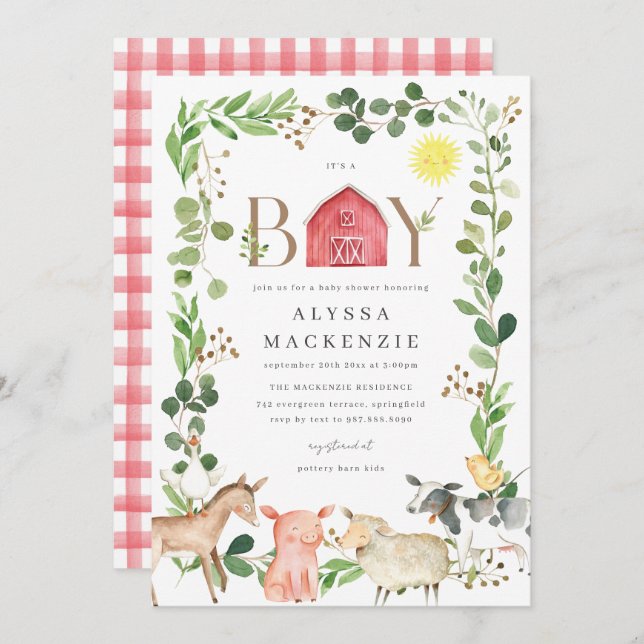 Farm Animals Baby Shower Invitation Einladung (Vorne/Hinten)