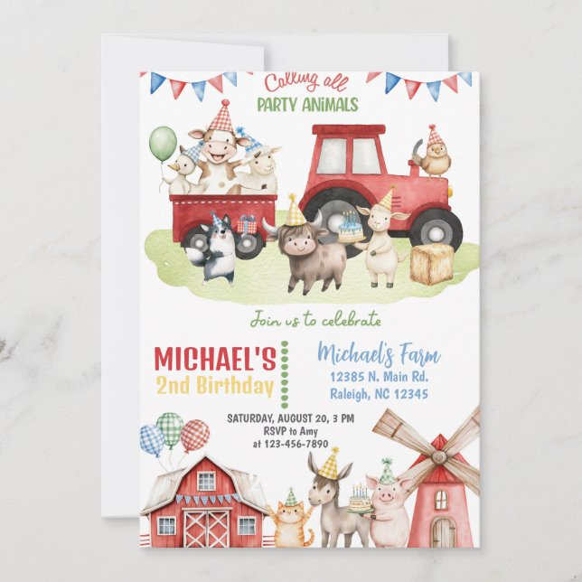 Farm animals boy ANY AGE birthday invitation. Einladung (Vorderseite)