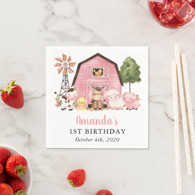 Farm Animals, Cute Animals, Barn, First Birthday Serviette (Beispiel)