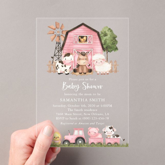 Farm Animals, Cute Animals, Pink Barn, Baby Shower Acryleinladungen (Insitu (Handheld))