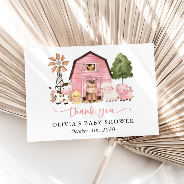 Farm Animals, Cute Animals, Pink Barn, Baby Shower Dankeskarte (Von Creator hochgeladen)