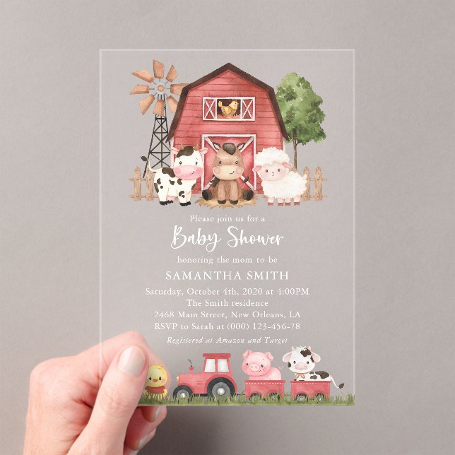 Farm Animals, Cute Animals, Red Barn, Baby Shower Acryleinladungen (Insitu (Handheld))