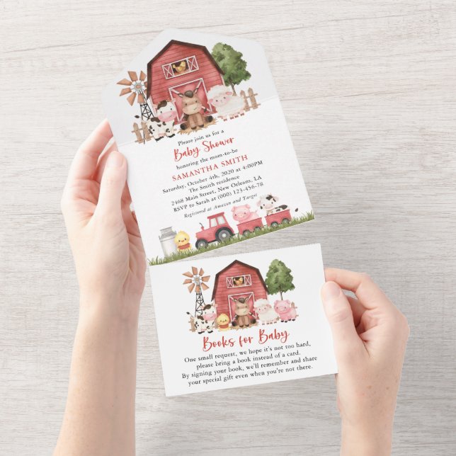 Farm Animals, Cute Animals, Red Barn, Baby Shower All In One Einladung (Abreißen)
