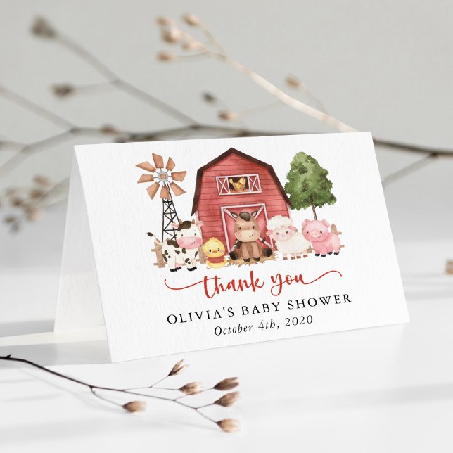 Farm Animals, Cute Animals, Red Barn, Baby Shower Dankeskarte (Von Creator hochgeladen)