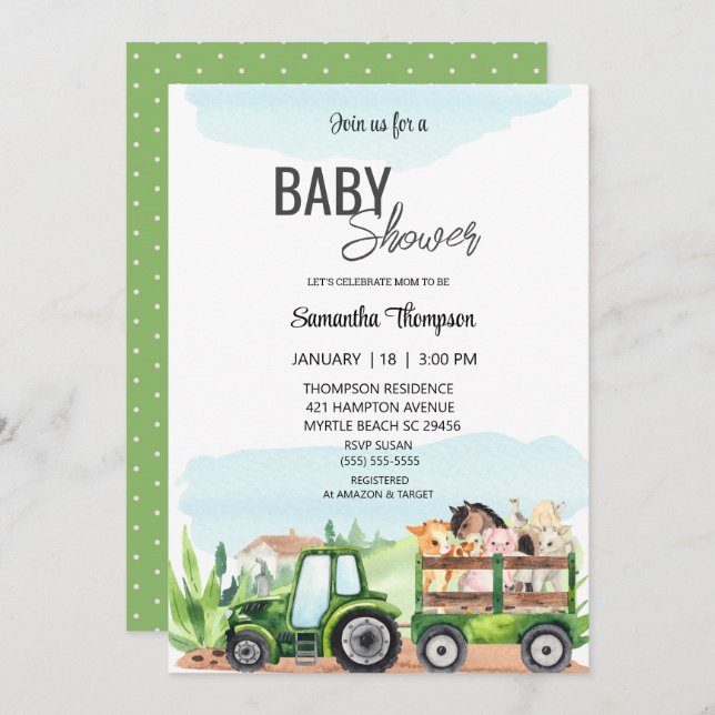   Farm Animals Green Tractor  Baby Shower     Einladung (Vorne/Hinten)
