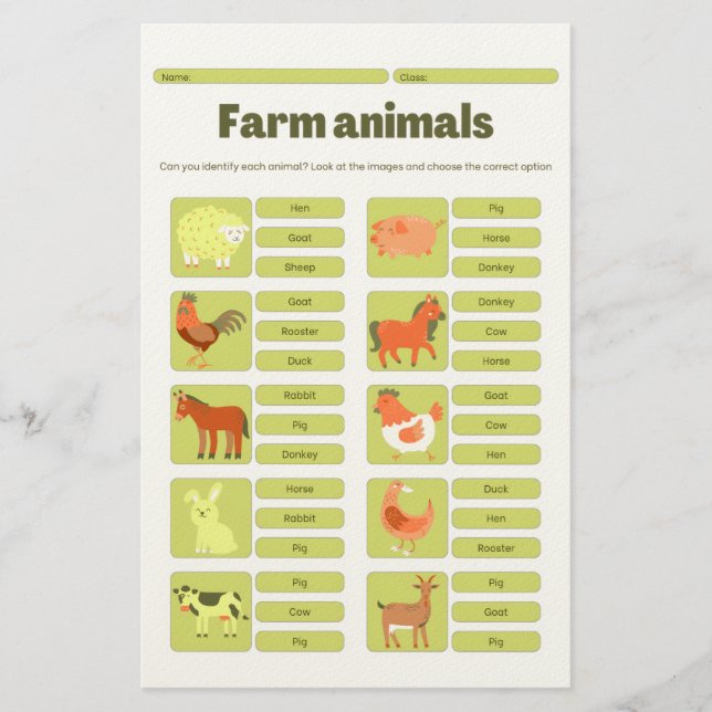 Farm Animals Identification Educational Worksheet Briefpapier (Vorderseite)
