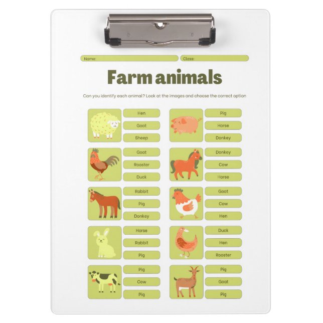 Farm Animals Identification Educational Worksheet Klemmbrett (Vorderseite)