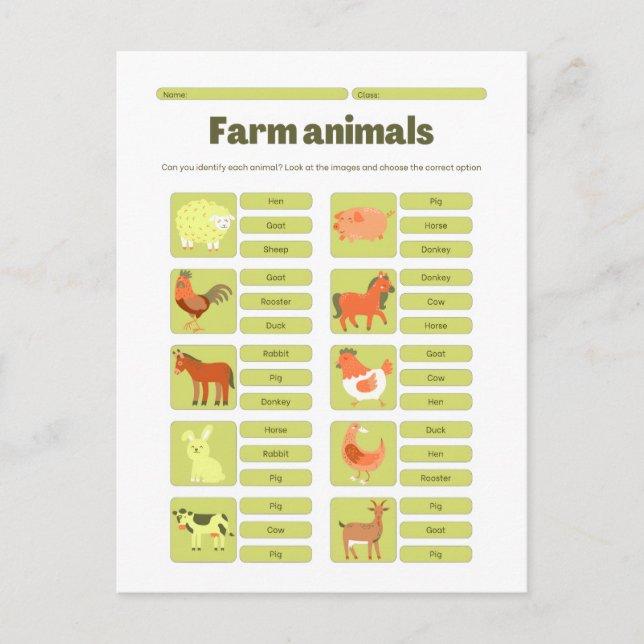 Farm Animals Identification Educational Worksheet Postkarte (Vorderseite)