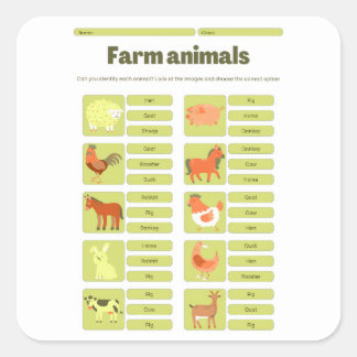 Farm Animals Identification Educational Worksheet Quadratischer Aufkleber
