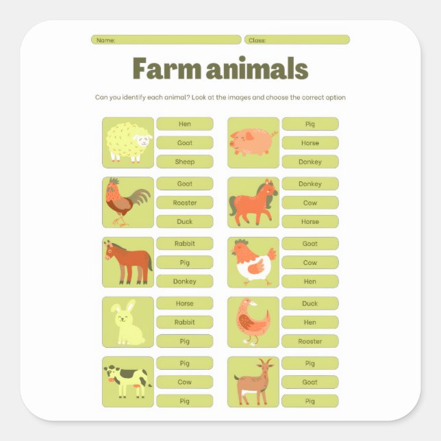Farm Animals Identification Educational Worksheet Quadratischer Aufkleber (Vorderseite)
