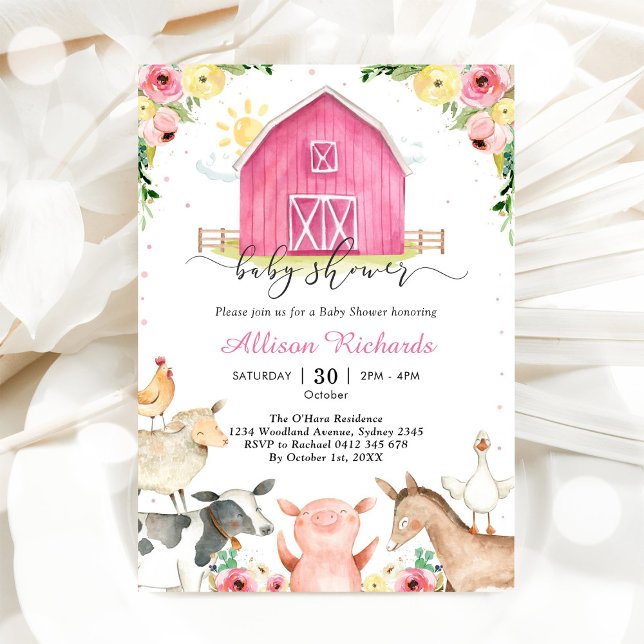 Farm Animals Pink Baby Shower Invitation Einladung (Von Creator hochgeladen)