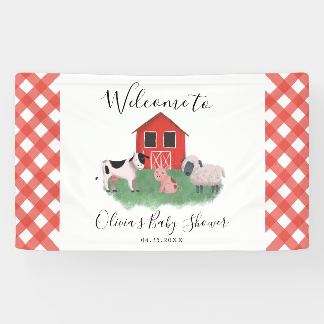 Farm Animals Red Baby Dusche Willkommen Banner (Horizontal)
