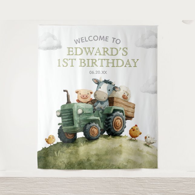 Farm Animals Tractor Birthday Photo Backdrop Wandteppich (Vorderseite)