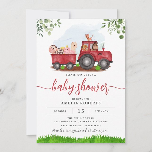 Farm Baby Dusche Einladung, Red Traktor Einladung (Vorderseite)
