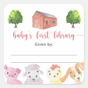 Farm Baby Shower Ex Libris, Bücher für Baby Quadratischer Aufkleber