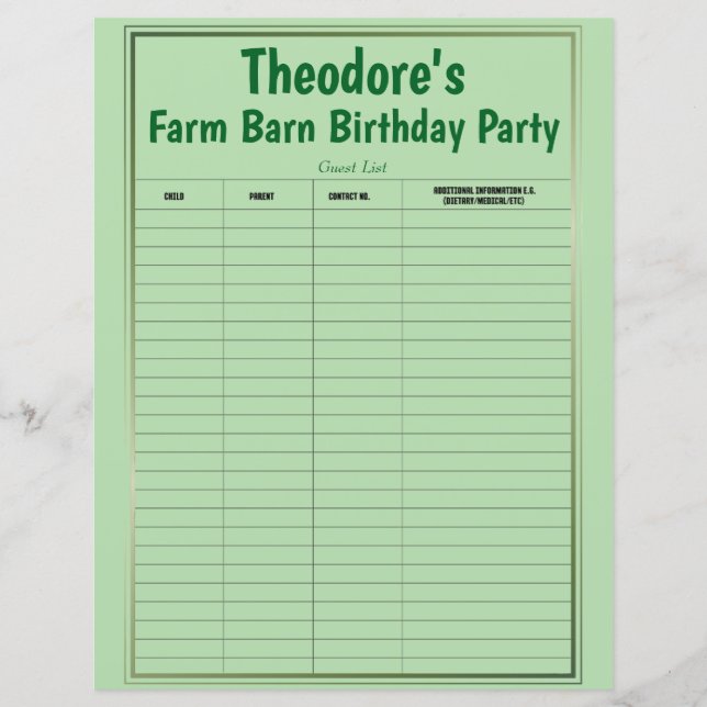 Farm Barn Birthday Party Guest List (Vorderseite)
