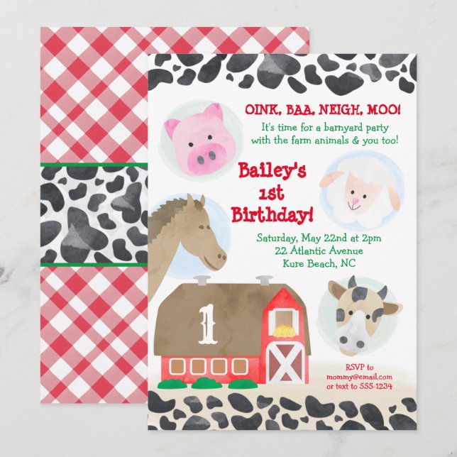 Farm Barnyard Tiere Gingham Cow Print Birthday Einladung (Vorne/Hinten)