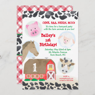 Farm Barnyard Tiere Gingham Cow Print Birthday Einladung