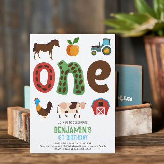 Farm Barnyard Tiere Obst Niedlich 1. Geburtstag Einladung
