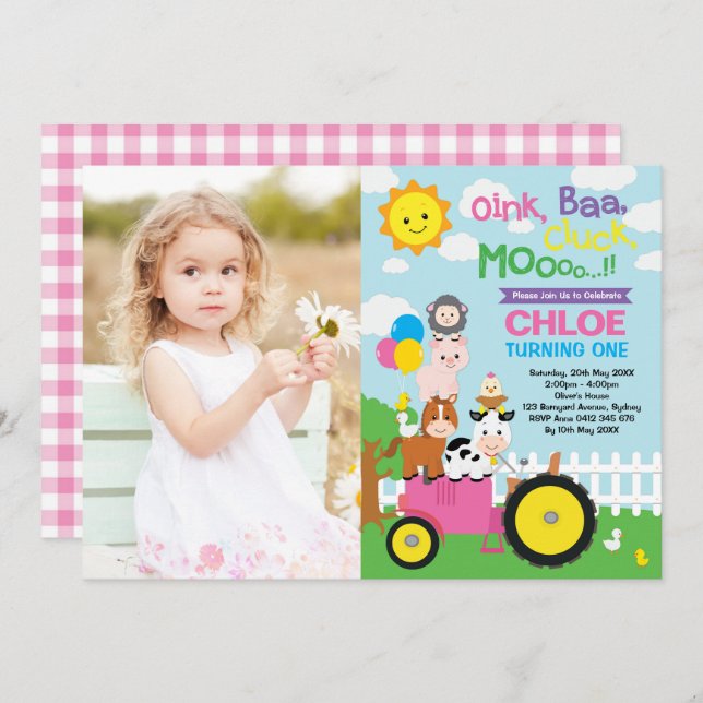 Farm Barnyard Tiere Old MacDonald Girl Geburtstag Einladung (Vorne/Hinten)