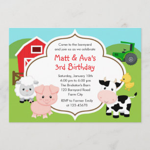 Farm Birthday Invasion - Boy Girl Twins Barnyard Einladung