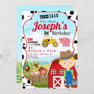 FARM BOY 3rd BIRTHDAY INVITATION THREE-I-I-I-O Einladung
