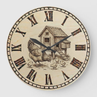 Farm Chicken Wall Clock – Wood-Burned style  Große Wanduhr