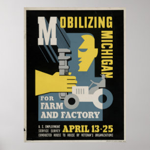 Farm Factory Mobilisierung Michigan 1943 WPA Vinta Poster