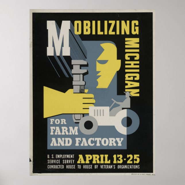 Farm Factory Mobilisierung Michigan 1943 WPA Vinta Poster (Vorne)