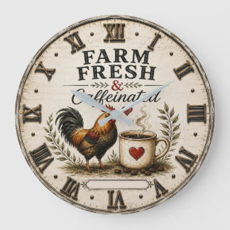 Farm Fresh & Caffeinated Rustic Rooster Coffee Große Wanduhr