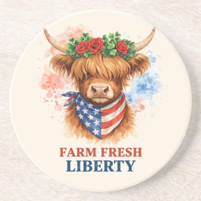 Farm Fresh Liberty Highland Cow Patriotic USA Art Getränkeuntersetzer (Vorne)