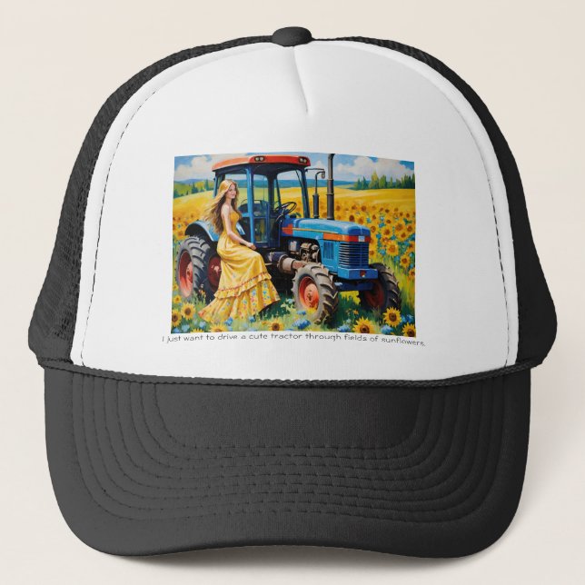 Farm Girl mit einem blauen Traktor in Sonnenblumen Truckerkappe (Vorderseite)