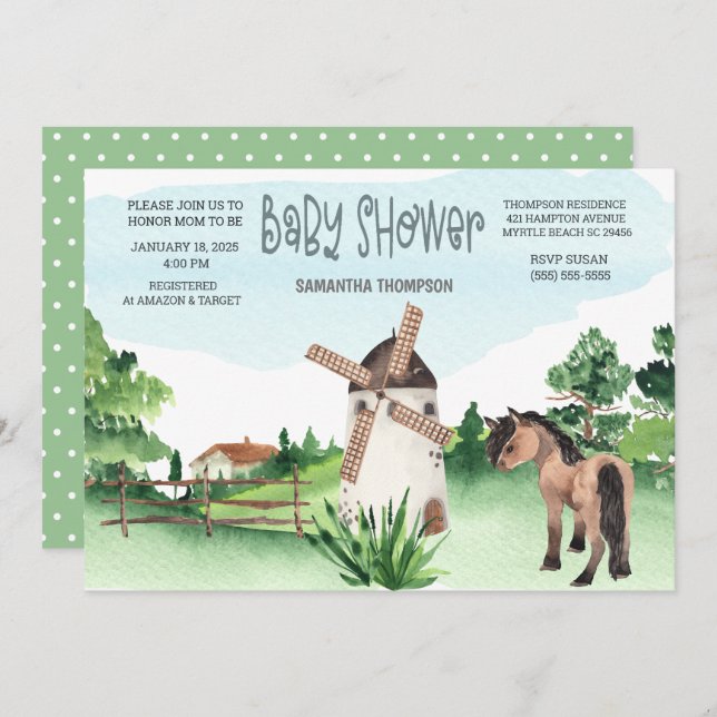 Farm Horse Windmill Animal Boys Baby Dusche Einladung (Vorne/Hinten)