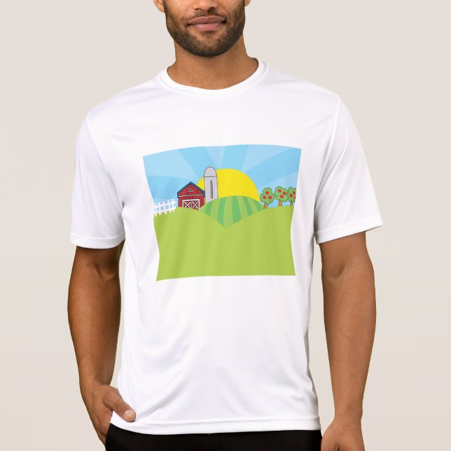 Farm Landscape Red Barn Silo Apple Trees T-Shirt (Vorderseite)