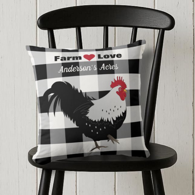 Farm Liebe Custom Rooster Schwarz-weißer Karo Kissen (Von Creator hochgeladen)
