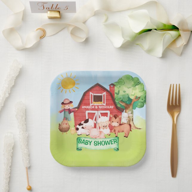 Farm Niedlicher Tiere Grüne Babydusche Pappteller (Hochzeit)