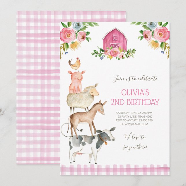 Farm Old MacDonald Barnyard Pink Animals Party Einladung (Vorne/Hinten)